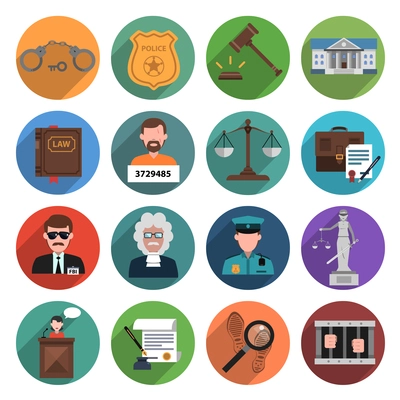 Law icon flat set with handcuffs attorney scales gavel isolated vector illustration