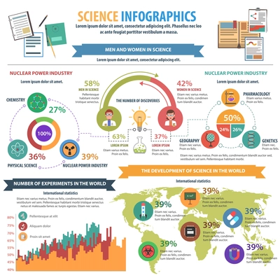 Science infographics set with scientists avatars and charts vector illustration