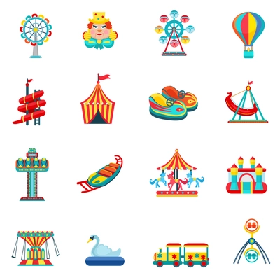 Amusement park for children with attractions and fun icons set flat isolated vector illustration