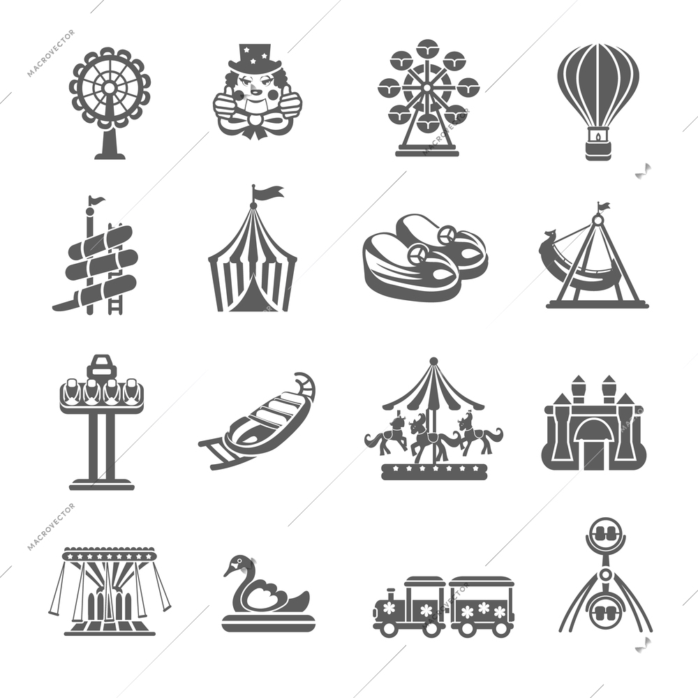 Amusement park grey icons set with clown balloon merry-go-round isolated vector illustration