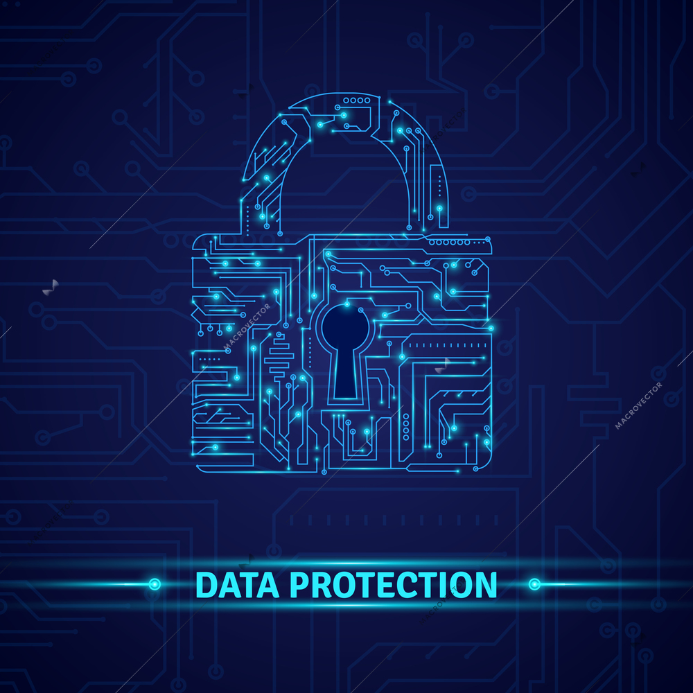 Data protection concept with circuit in lock shape on blue background vector illustration