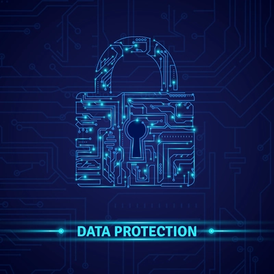 Data protection concept with circuit in lock shape on blue background vector illustration