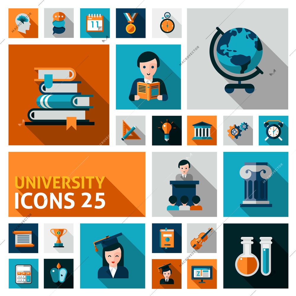 University and studying flat decorative icons set isolated vector illustration