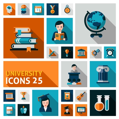 University and studying flat decorative icons set isolated vector illustration