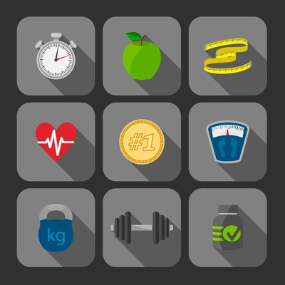 Fitness exercises progress icons set of heart rate strength and slimness isolated vector illustration