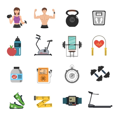 Gym tools and fitness nutrition icon flat set isolated vector illustration