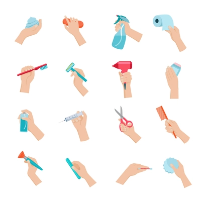 Hand holding household objects and hygiene accessories icons set flat isolated vector illustration