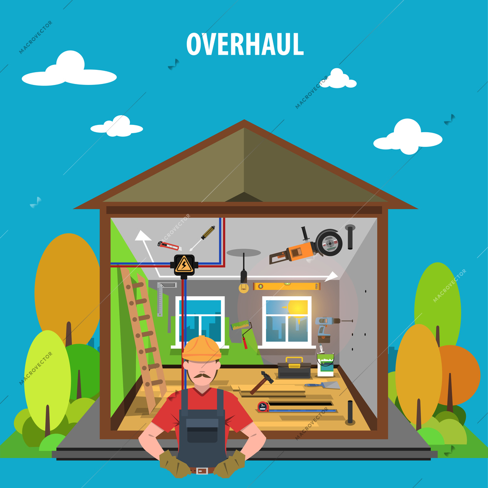 Overhaul house repair concept with flat woodwork icons  set vector illustration