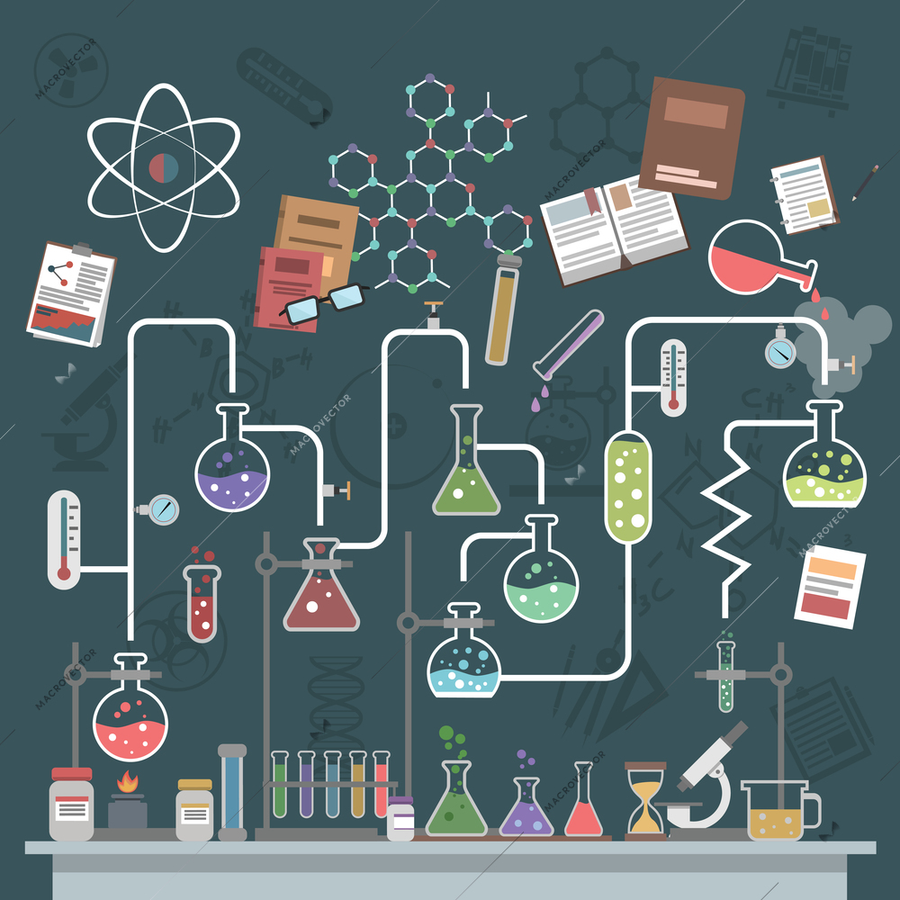 Science lab concept with flat flasks and physics symbols vector illustration