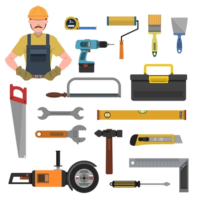 Tools flat icons set with toolbox hammer drill isolated vector illustration