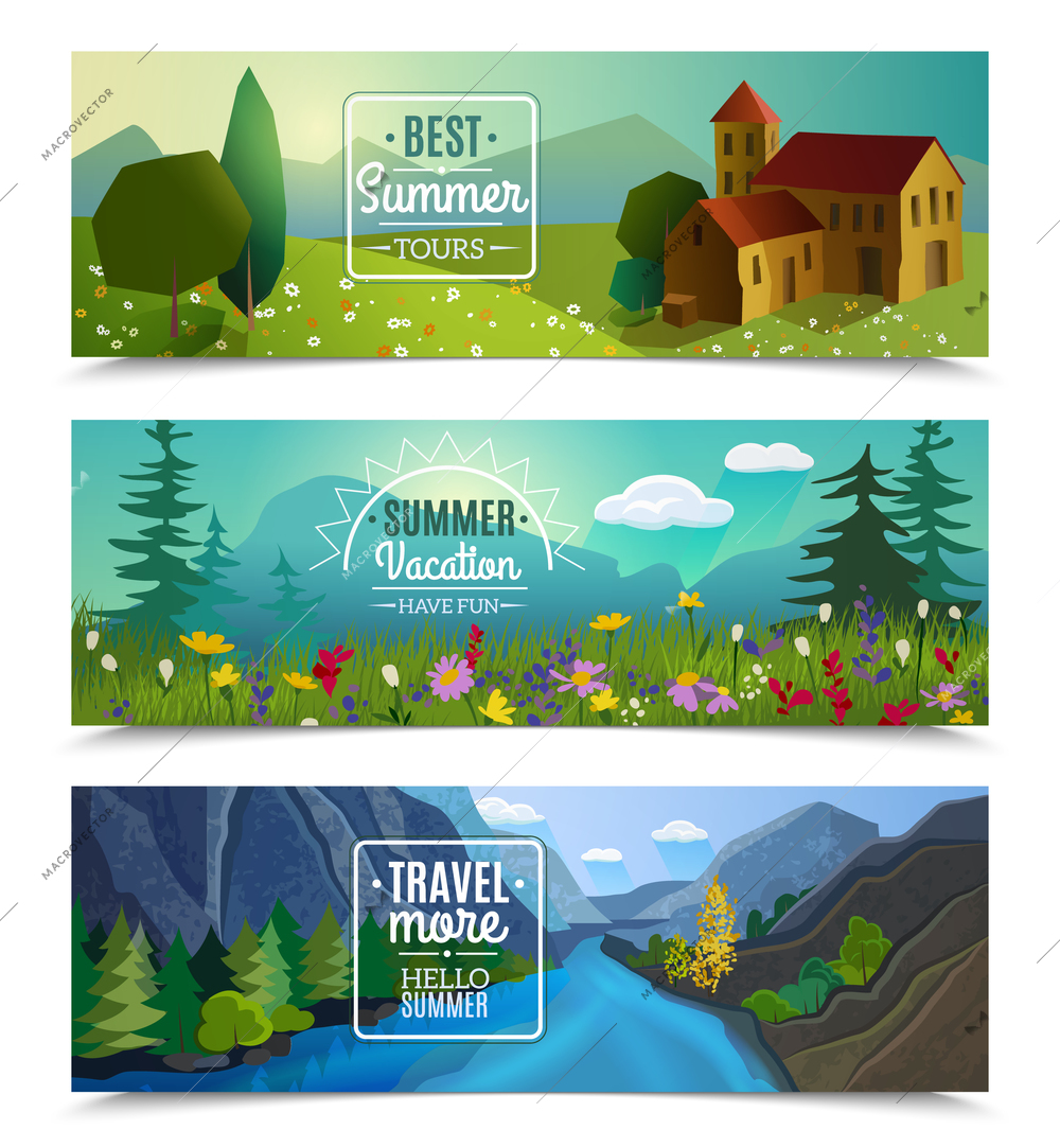 Best tours for summer vacation travel agency advertisement 3 horizontal landscape banners set abstract isolated vector illustration