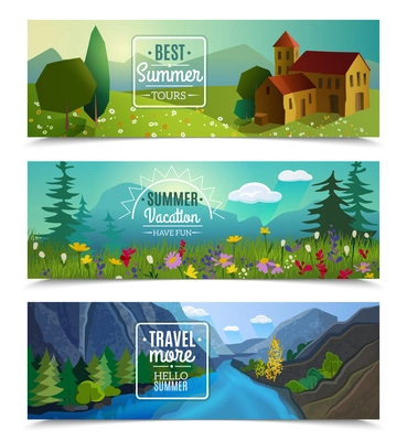 Best tours for summer vacation travel agency advertisement 3 horizontal landscape banners set abstract isolated vector illustration