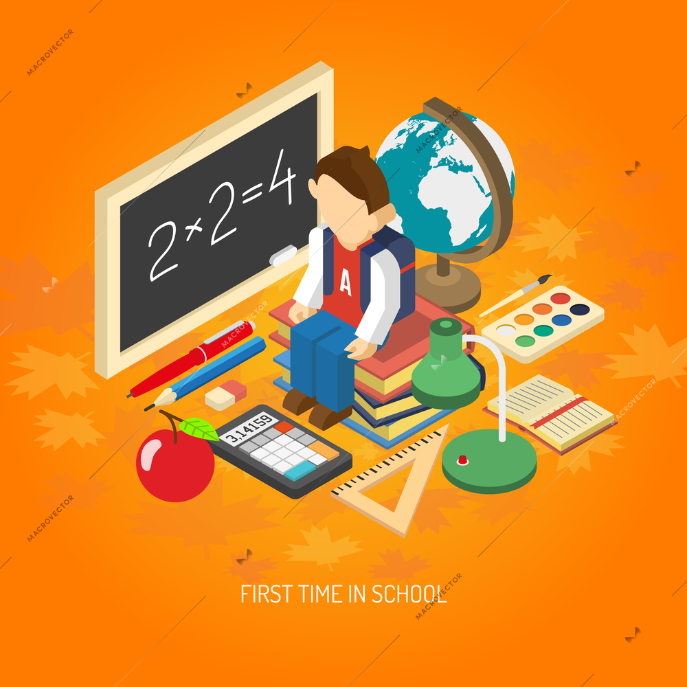 First school day educational isometric poster with scholar sitting on his books with backpack abstract vector illustration