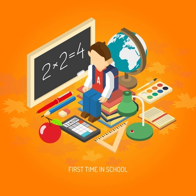 First school day educational isometric poster with scholar sitting on his books with backpack abstract vector illustration