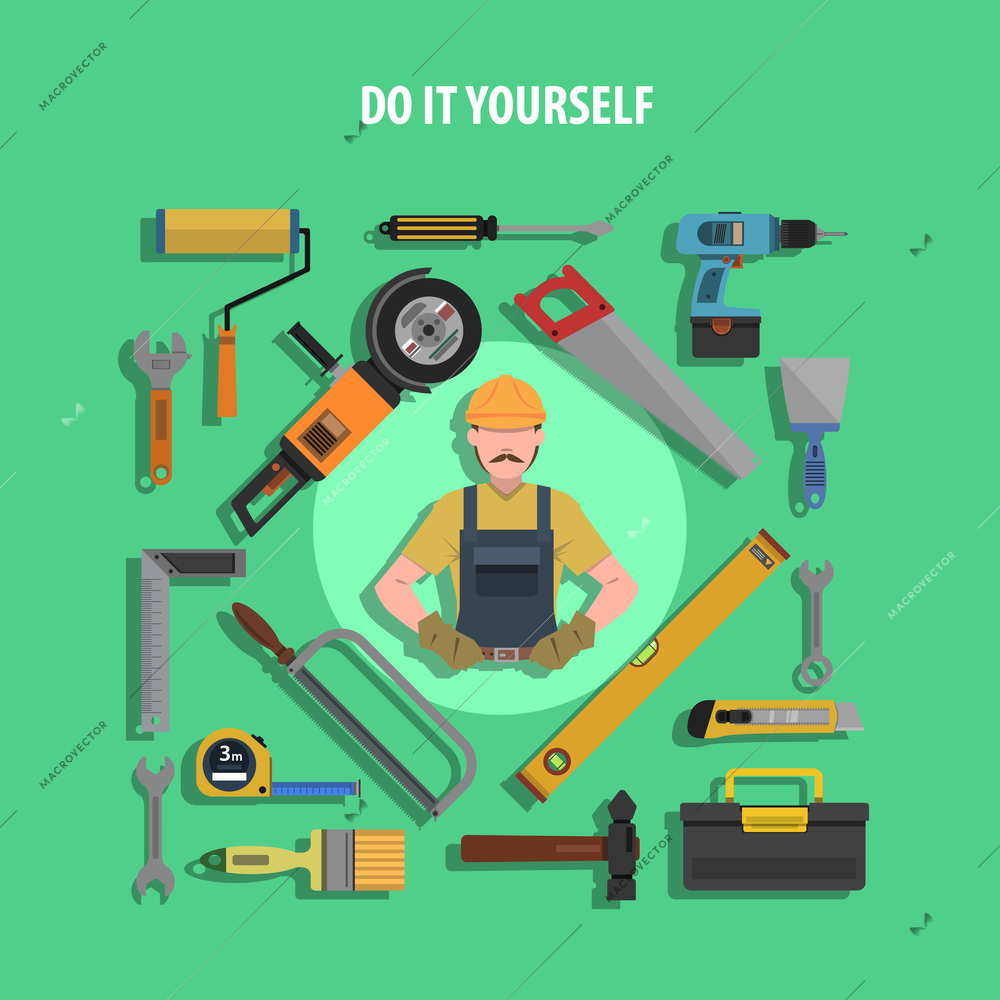 Tools concept with worker and construction icons flat set vector illustration