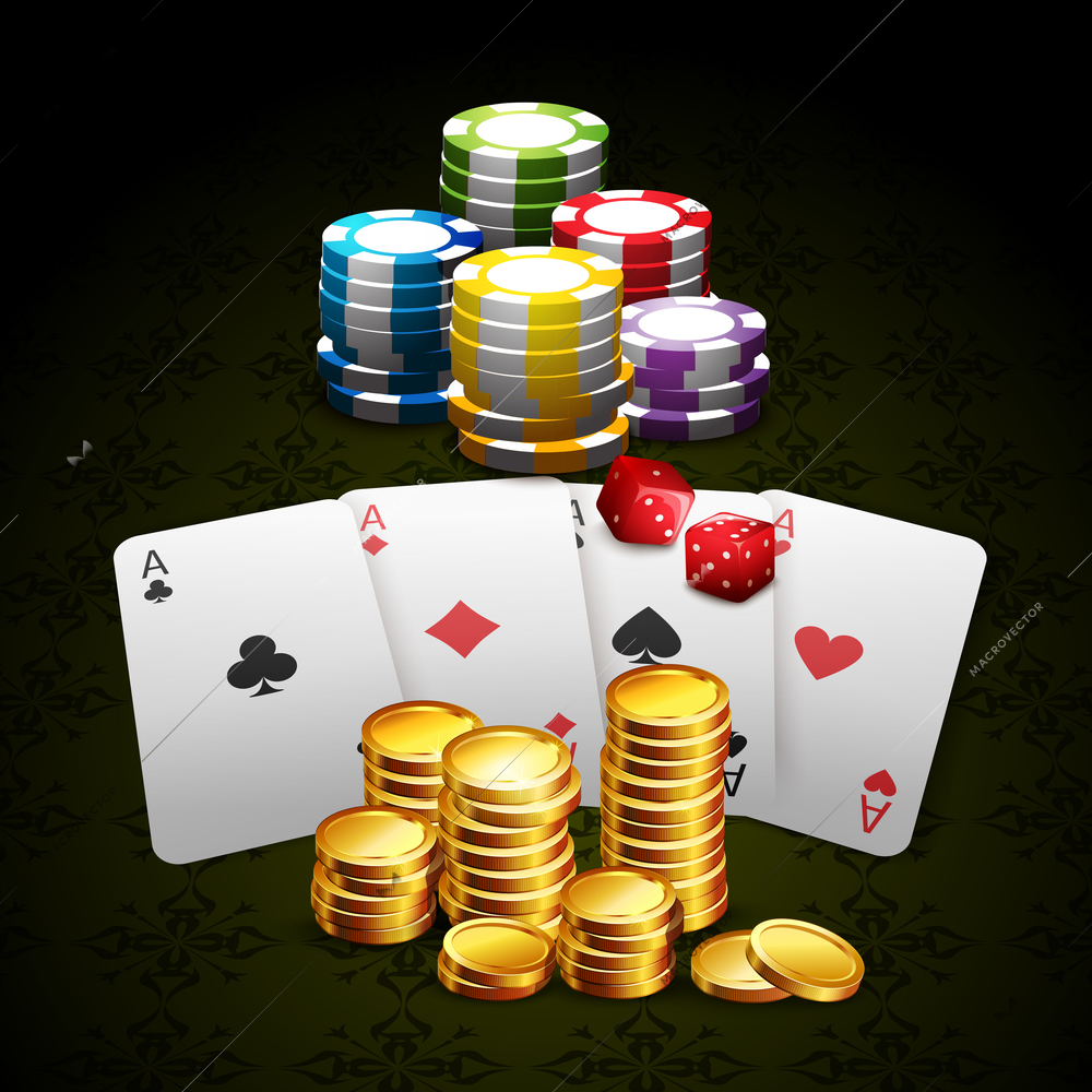 Casino and gambling with cards gold coins chips and dice background realistic vector illustration