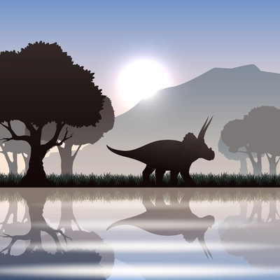 Triceratops dinosaur silhouette in scenic landscape with lake mountain and giant trees vector illustration