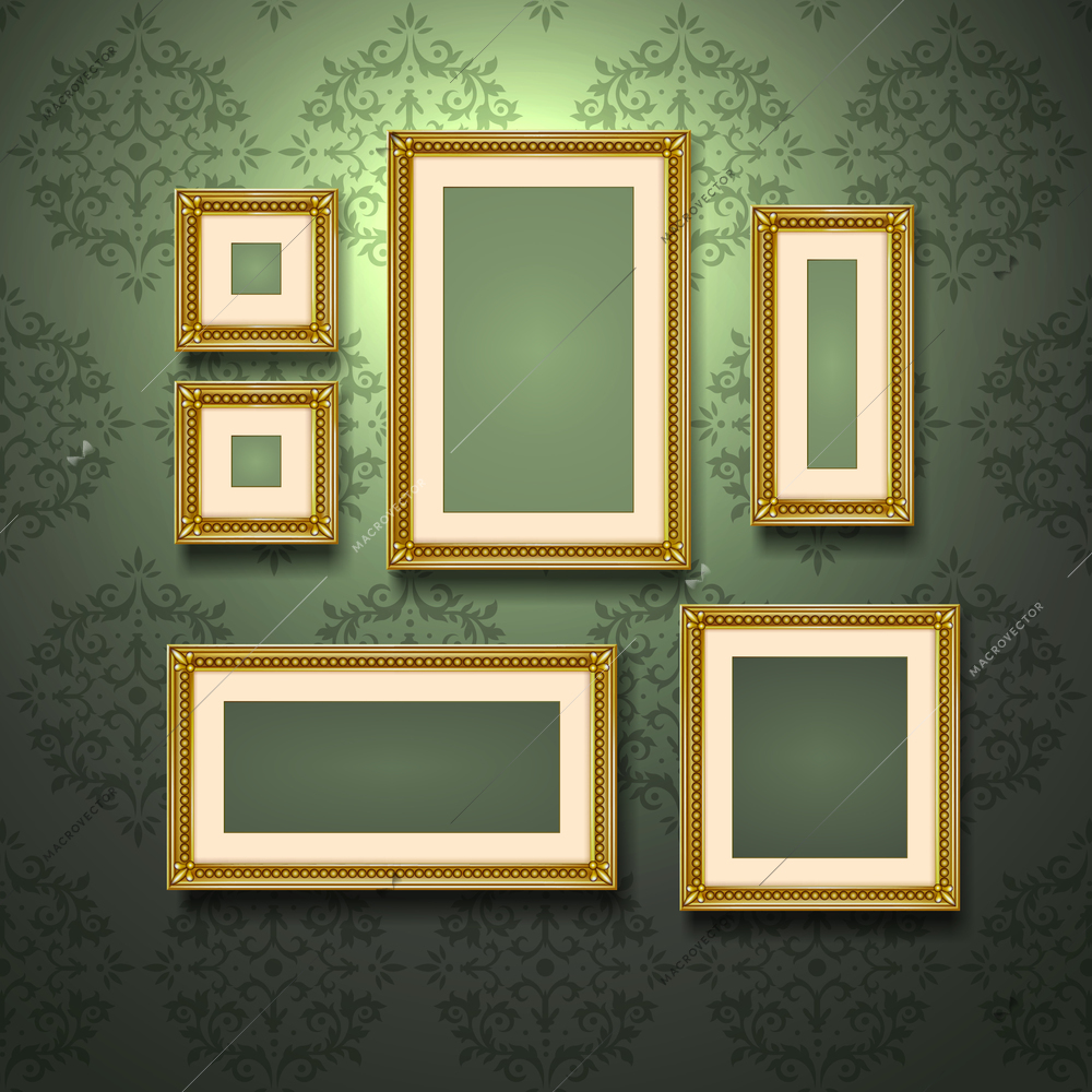 Realistic golden frames on retro style ornament wallpaper wall vector illustration