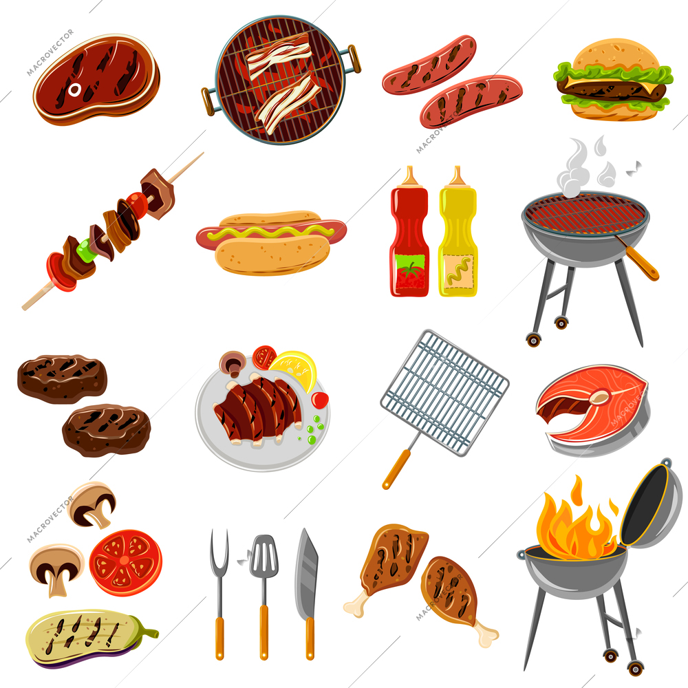Barbecue and grill icons set with meat and fish steak and tools isolated vector illustration