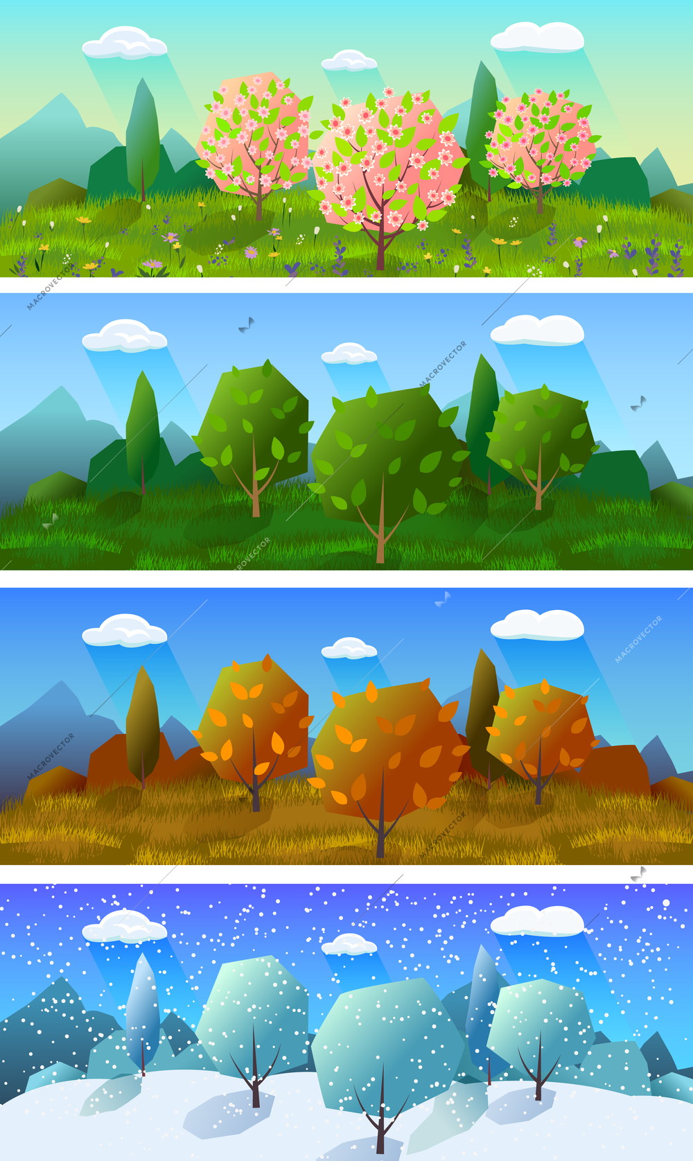 Alpine meadow landscape of the four seasons 4 horizontal banners set abstract isolated vector illustration