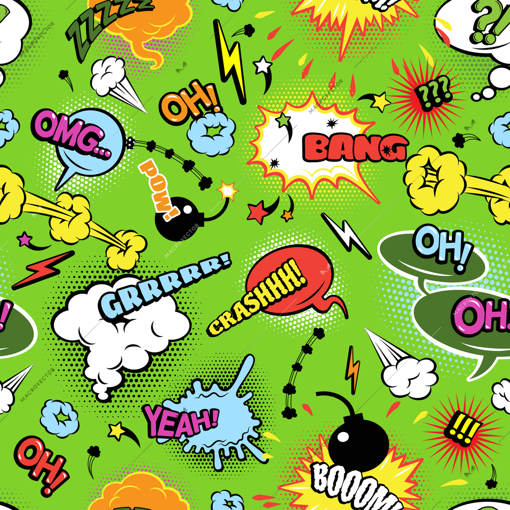 Modern colorful comics seamless background pattern with bombs lightening and jagged clouds speech bubbles abstract vector illustration. Editable EPS and Render in JPG format