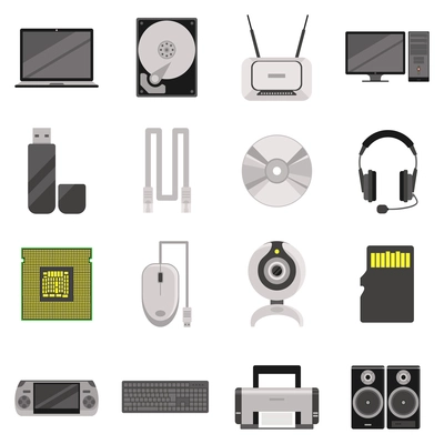 Laptop and computer with components and accessories and electronic devices flat icons set isolated vector illustration