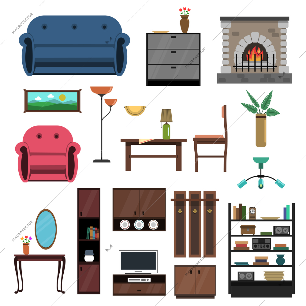 Interior furniture decorative icons flat set with desk sofa armchair isolated vector illustration