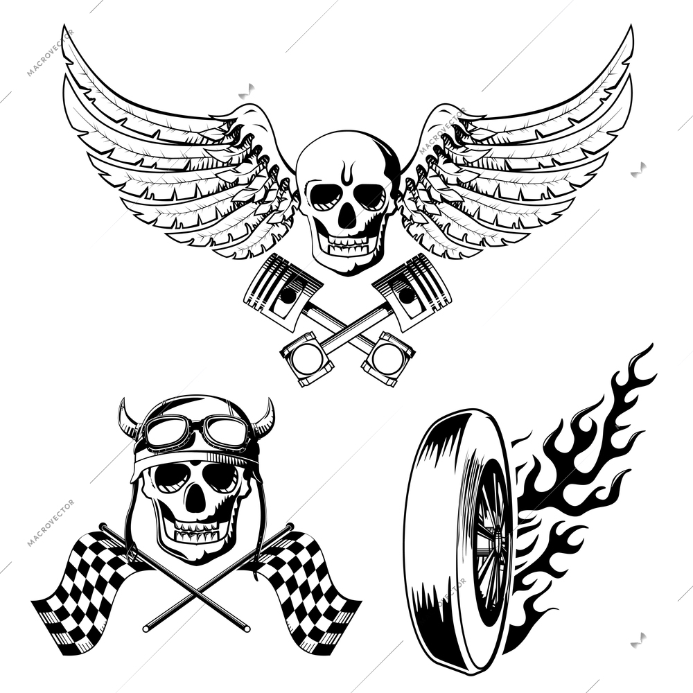 Motorcycle bike labels set with skull flames and flag vector illustration