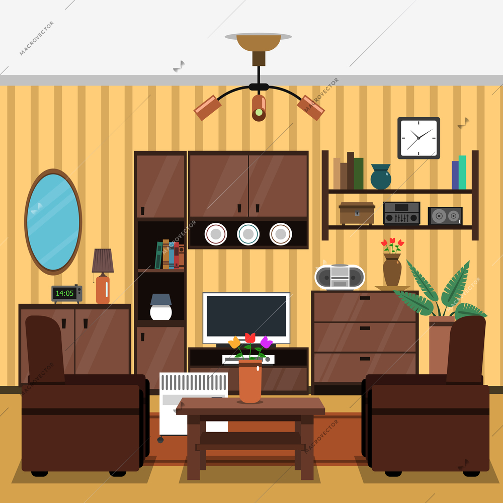 Living room interior concept with flat indoors furniture icons vector illustration