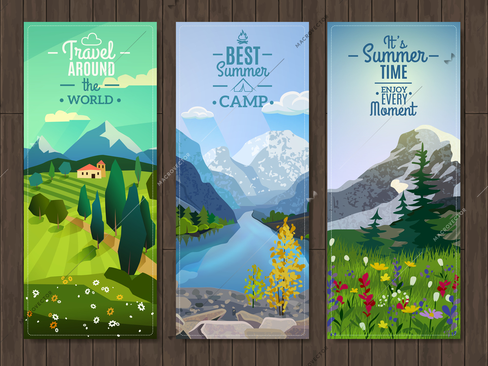 Best active summer vacation destinations travel agency advertisement 3 vertical landscape banners set abstract isolated vector illustration