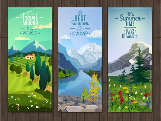 Best active summer vacation destinations travel agency advertisement 3 vertical landscape banners set abstract isolated vector illustration