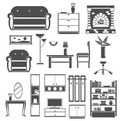 Interior furniture decorative icons flat black set isolated vector illustration