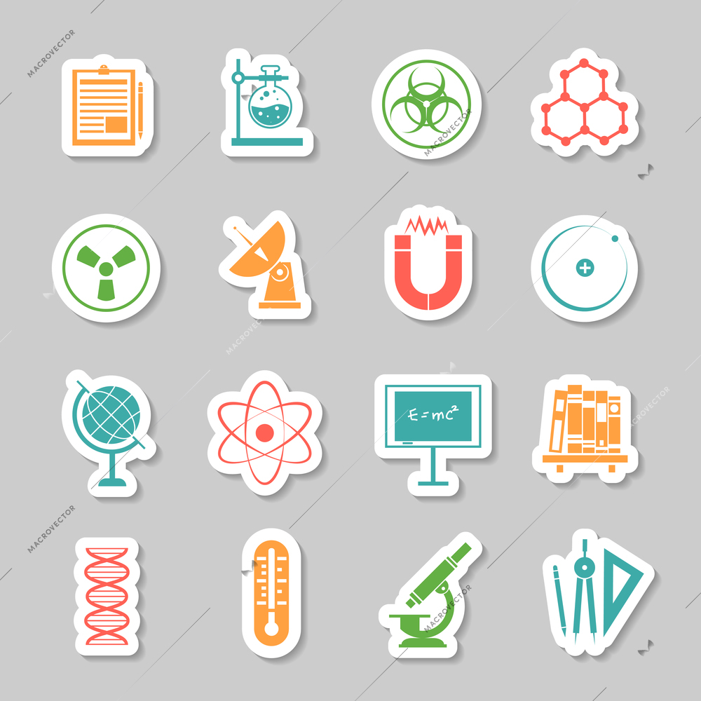 Physics chemistry science  research stickers set with telescope pictogram and radioactivity warning sign abstract isolated vector illustration