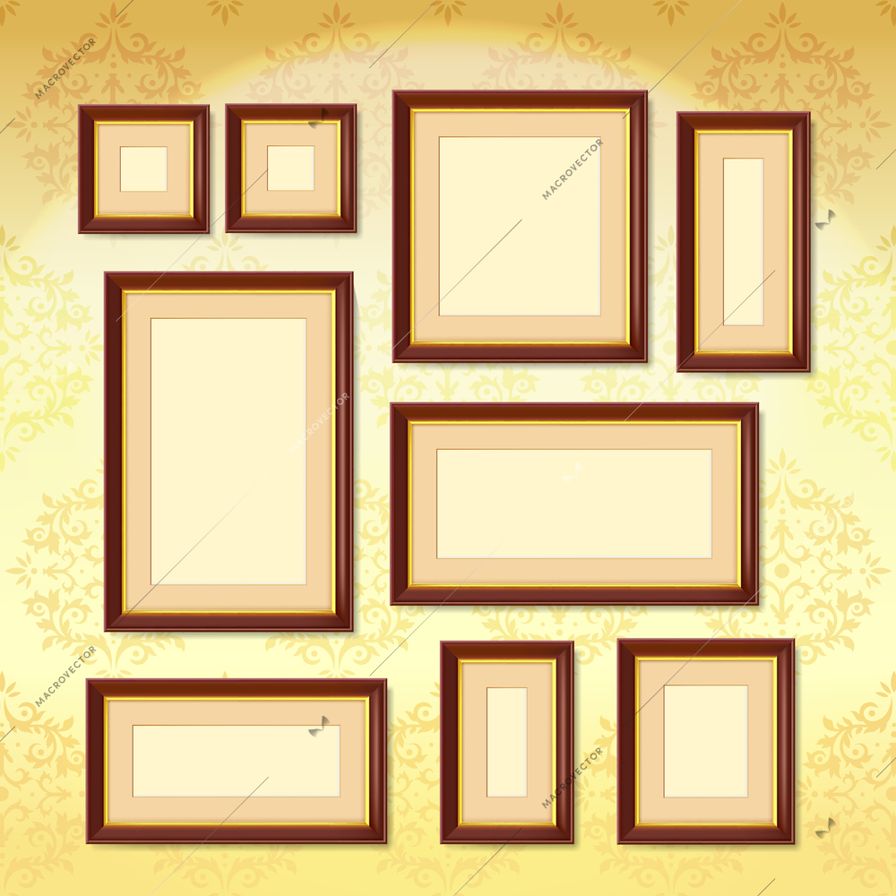 Realistic dark wood picture frames set on golden wallpaper isolated vector illustration