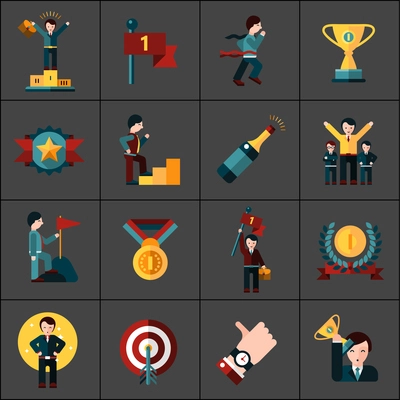 Success flat icons set with reward trophy champion champagne isolated vector illustration
