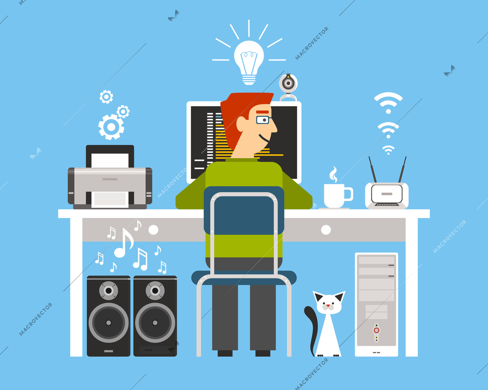 Programmer on workplace with computer devices with process symbols and decor flat color concept vector illustration