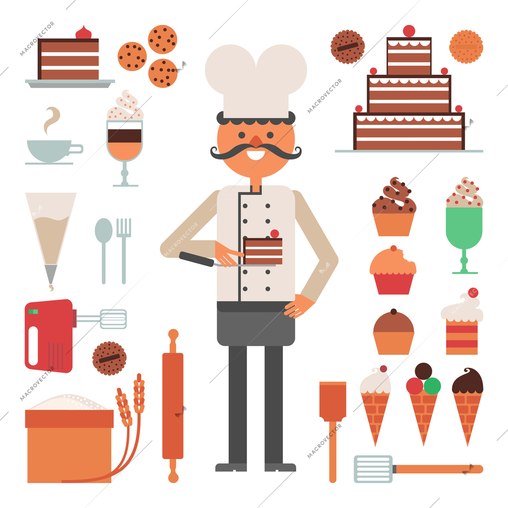 Confectioner man with cakes and pies ice cream and tools or accessories flat color concept vector illustration