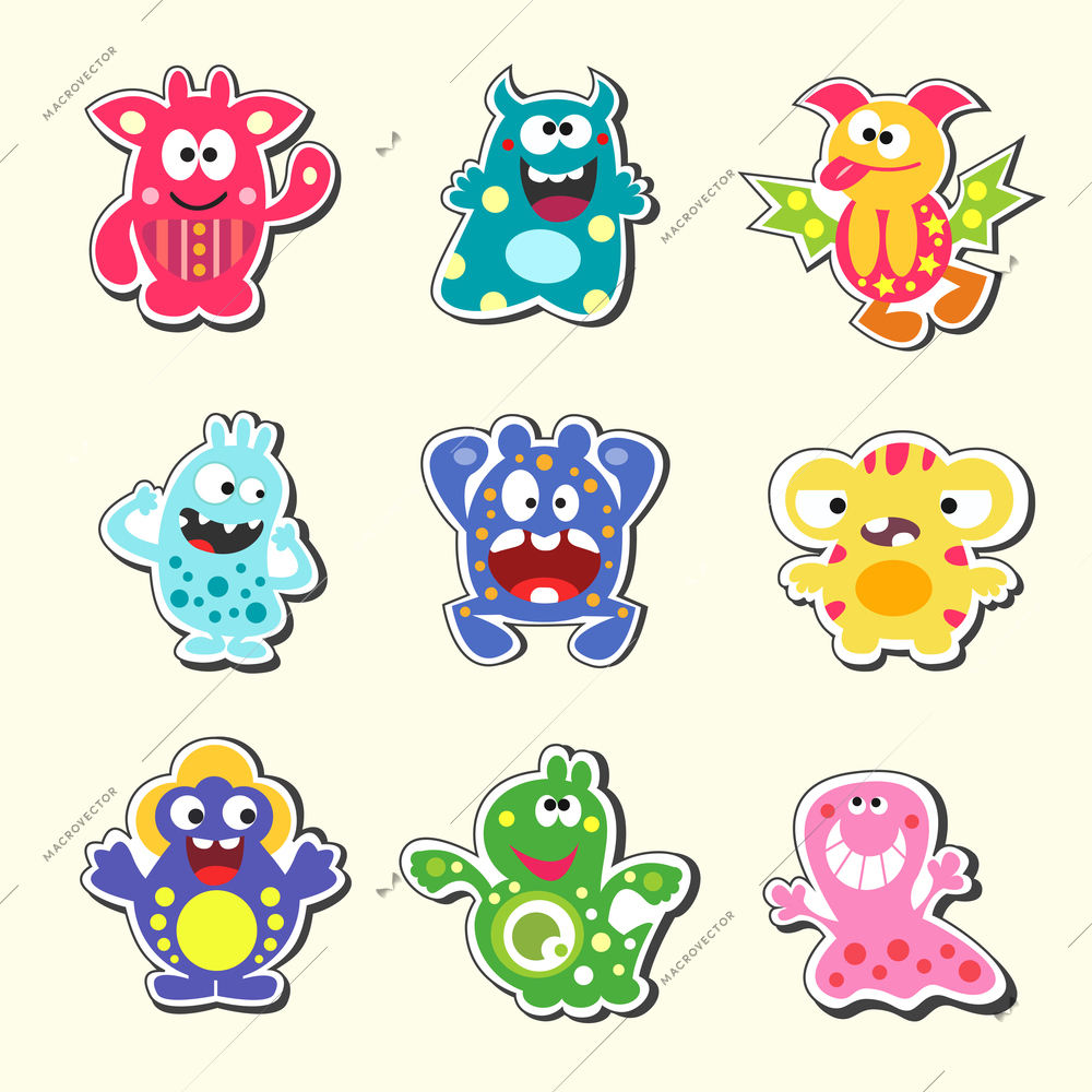 Set of the cartoon monsters symbols isolated vector illustration