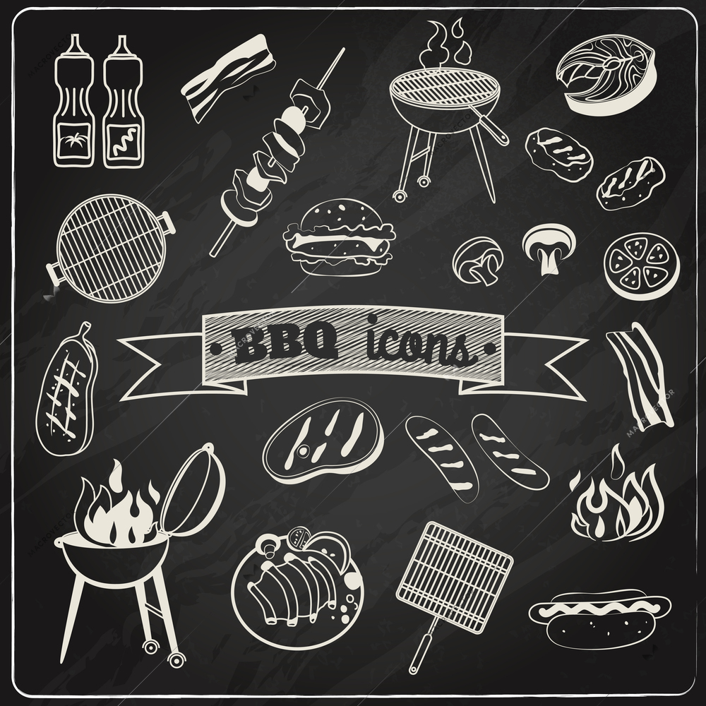 Barbecue and grill party chalk board decorative elements set isolated vector illustration