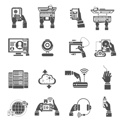 Hand holding it devices icons black set isolated vector illustration