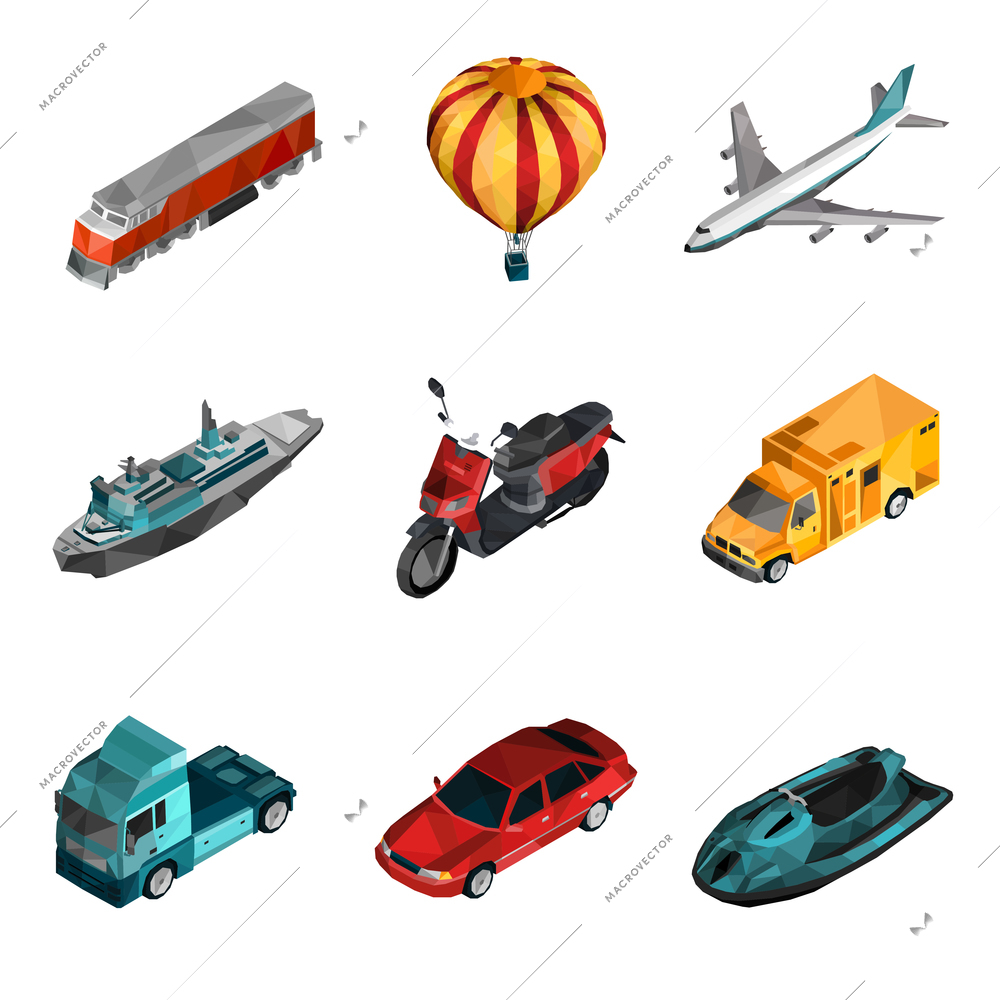 Transport isometric set with low poly motorcycle railroad van icons isolated vector illustration