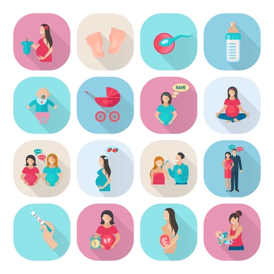 Pregnancy and mother health care icons flat set isolated vector illustration