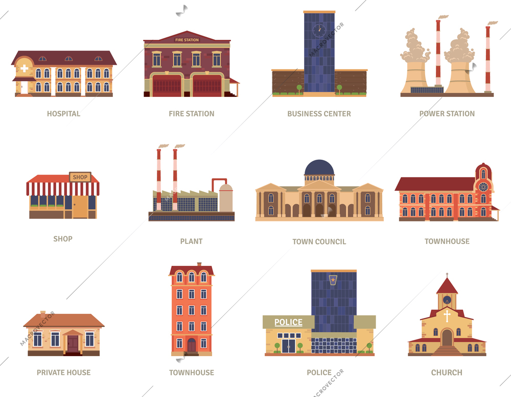 Vintage city buildings of hospital fire station and downtown business center icons set abstract isolated vector illustration. Editable EPS and Render in JPG format