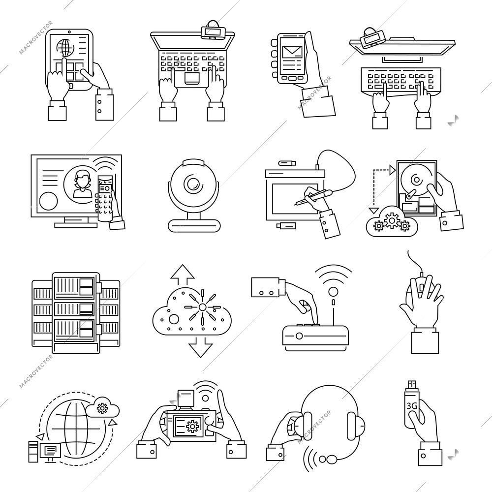 It devices and cloud computing icons line set isolated vector illustration