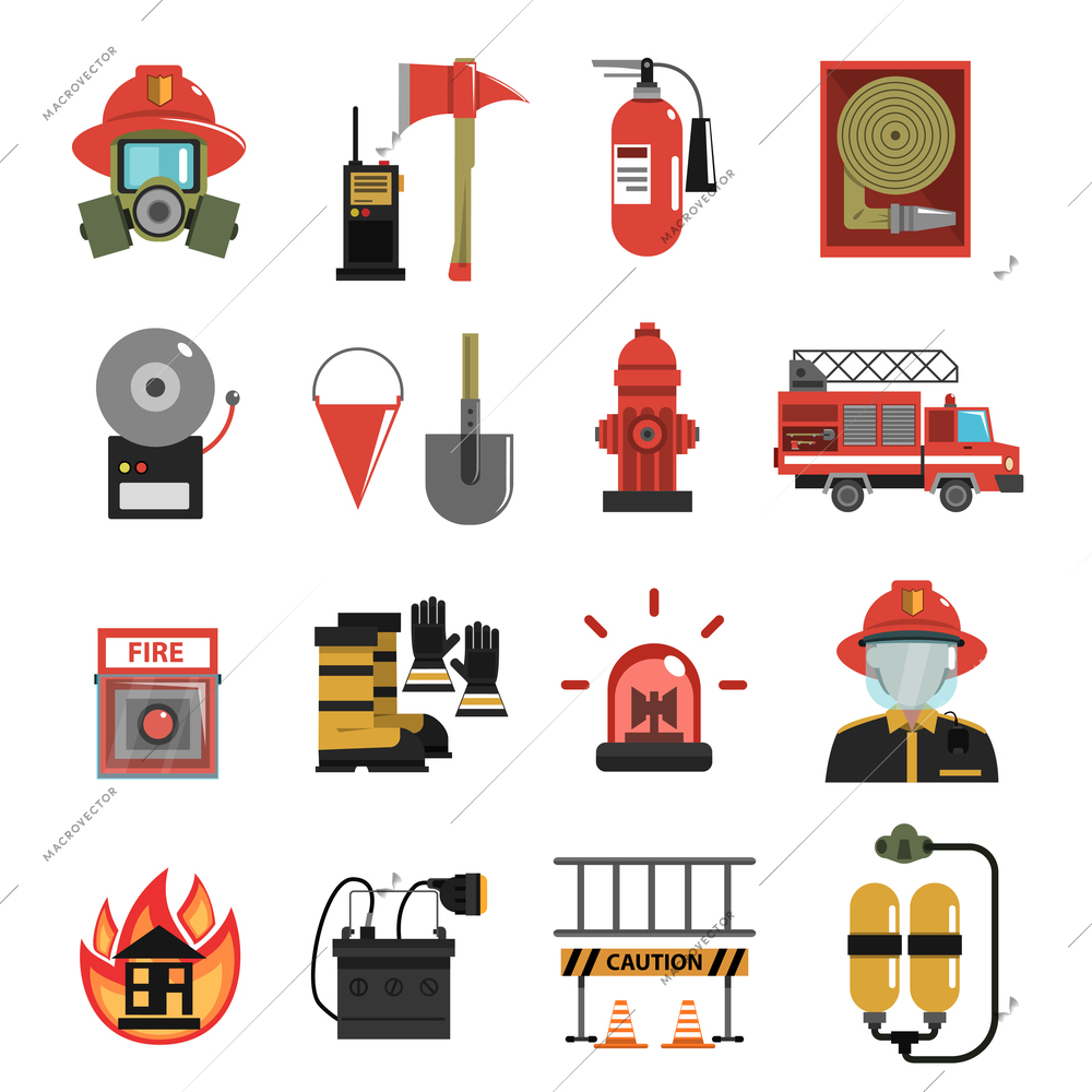 Fire and firefighter equipment icon flat set isolated vector illustration