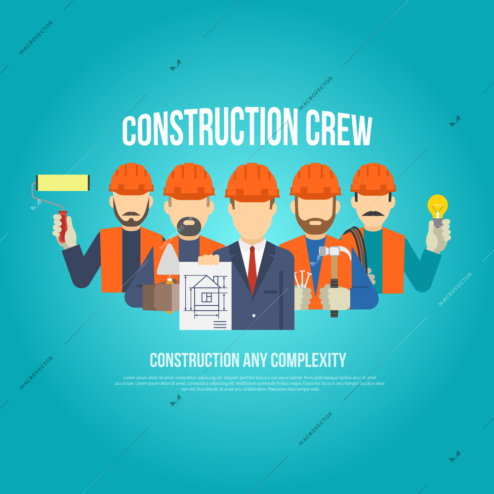 Builders engineers and work men in hard hats concept flat vector illustration