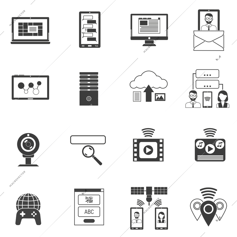 IT and computer network support icons black set isolated vector illustration