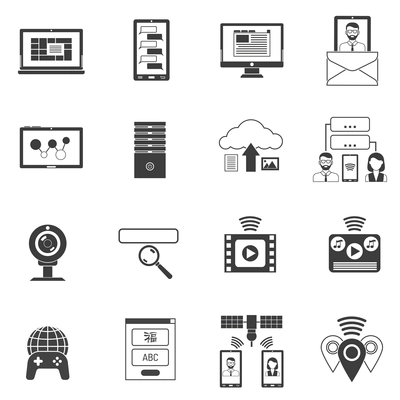 IT and computer network support icons black set isolated vector illustration