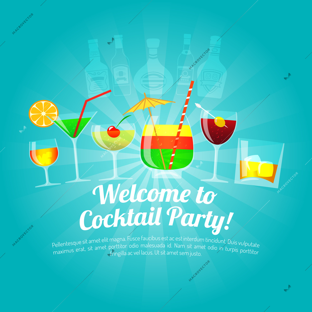 Alcohol drinks poster with flat colorful cocktail glasses vector illustration