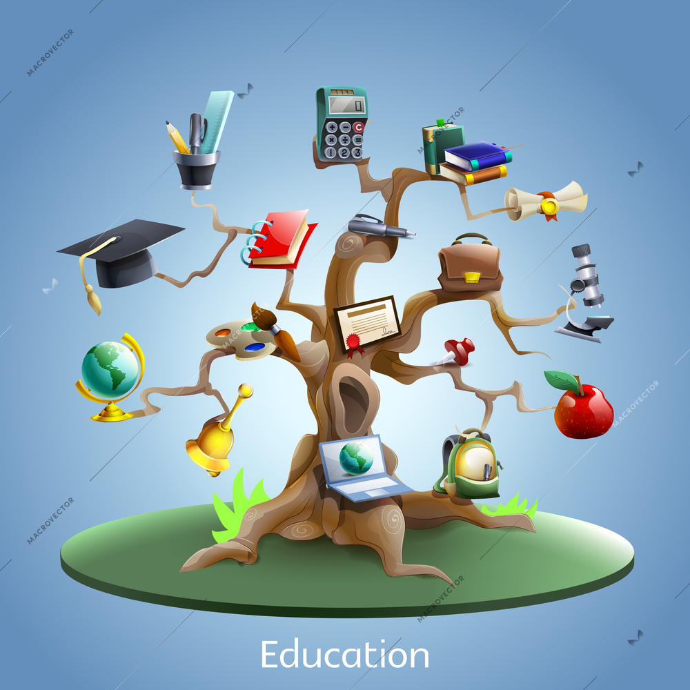 Education and study tree concept with laptop and graduation certificate on blue background cartoon vector illustration